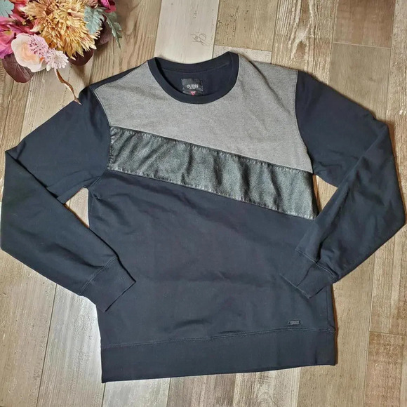 GUESS Black Faux Leather Panel Women's Pullover Sweatshirt Small - Picture 12 of 15
